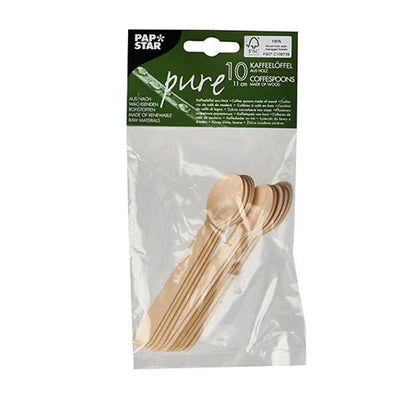 A clear plastic bag contains ten PAPSTAR "Pure" wooden spoon (11 cm), ideal for coffee and desserts. Made by the PAPSTAR Made from renewable raw materials, these eco-friendly spoons are perfect for coffee and desserts.