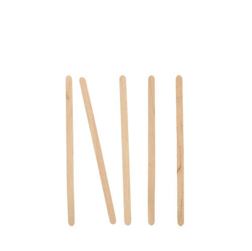 Five PAPSTAR "Pure" Wooden Stir Sticks (11 cm) from the PAPSTAR GmbH, eco-friendly and sturdy, are arranged vertically on a white background, with the second stirrer tilted to the left; a simple display made of sustainable wooden stirrers. Foldable box containing 1,000 pieces.