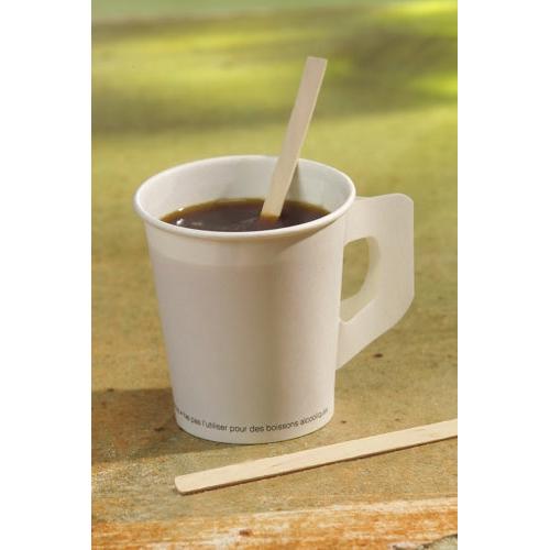 A white paper cup containing a dark beverage and a PAPSTAR "Pure" wooden stir sticks (11 cm, eco-friendly and sturdy) from the PAPSTAR A GmbH inside and another one next to it showcase eco-friendly options for coffee breaks.