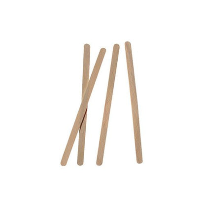 Five PAPSTAR Wooden Stirring Sticks "pure" 11 cm (PAPSTAR GmbH), which are environmentally friendly and sturdy, are arranged on a white background, some overlapping and others spaced apart.