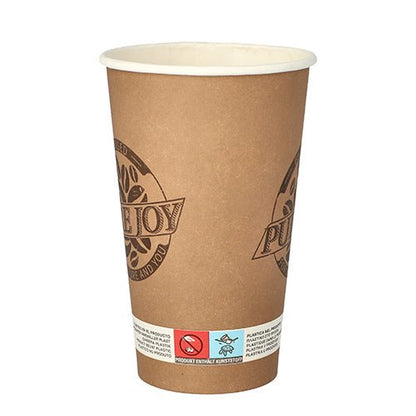 Ein PAPSTAR GmbH 0,4L Einweg-Trinkbecher aus stabiler Pappe, teils mit „PURE JOY“-Logo und Symbolen am Boden, die Nicht-Recycling und Plastikmüll ausschließen. Der Becher ist leer vor weißem Hintergrund.
