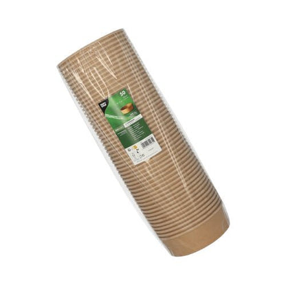 A sealed plastic package contains a stack of brown, round PAPSTAR 50 cardboard salad bowls with a PLA coating. The bowls are biodegradable and feature a green and white label on the front from the PAPSTAR GmbH.