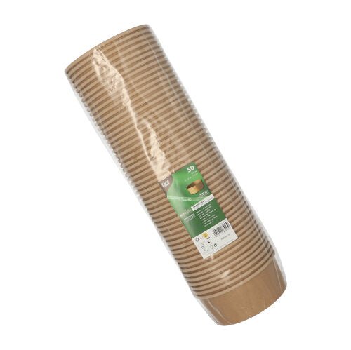 A sealed plastic package containing 50 round brown PAPSTAR-Paper salad bowls with a PLA coating and made from eco-friendly, biodegradable materials from the PAPSTAR GmbH, with a green-and-white label.