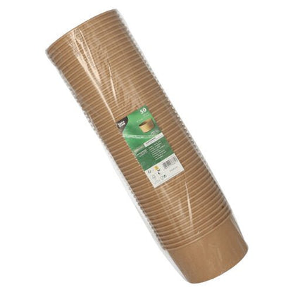 A stack of 50, wrapped in plastic PAPSTAR Salad bowls, round and brown, made of biodegradable cardboard with an optional PLA coating for greater sustainability, from the PAPSTAR GmbH.