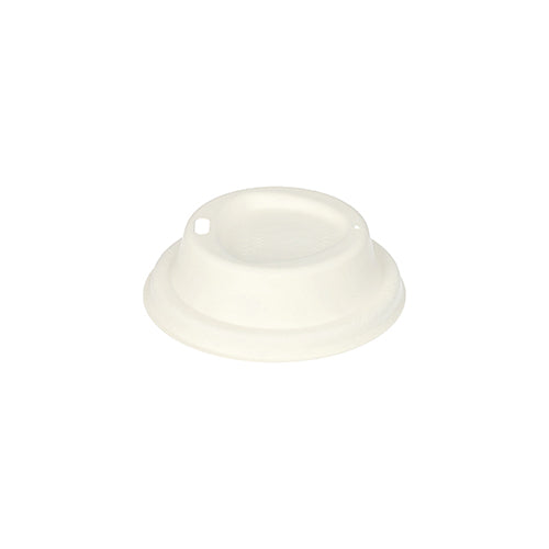 The white, eco-friendly PAPSTAR 50 dome lid made of sugarcane "pure" (round, 2.5 cm height) from PAPSTAR GmbH features a recessed center and two small openings on a plain white background.