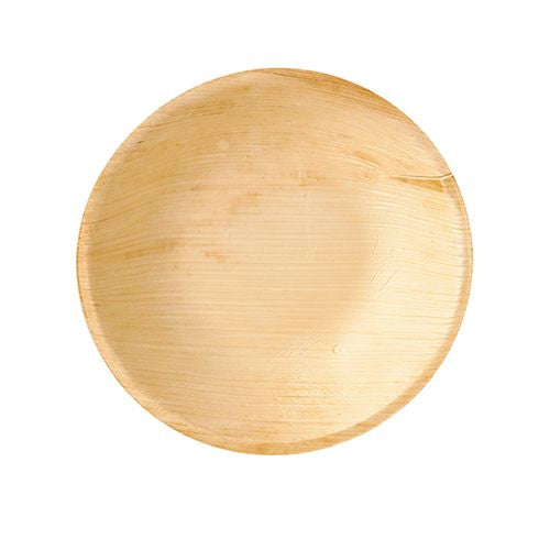 A round, light brown PAPSTAR palm leaf bowl "pure", 17.5 cm, made from eco-friendly material - perfect as sustainable disposable tableware like these compostable bowls from PAPSTAR GmbH in a box (25 pieces).