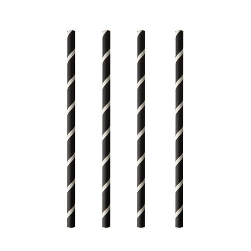 Four PAPSTAR 100 shake straws made of paper (Ø 8 mm) from the brand PAPSTAR GmbH with black and white diagonal stripes are arranged vertically on a white background - stylish and environmentally friendly.