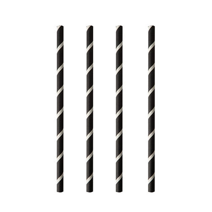 Four PAPSTAR 100 shake straws made of paper (Ø 8 mm) from the brand PAPSTAR GmbH with black and white diagonal stripes are arranged vertically on a white background - stylish and environmentally friendly.
