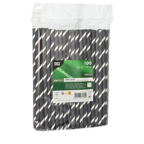 In a transparent plastic packaging are 100 PAPSTAR GmbH shake straws, paper Ø 8 mm in black with white stripes. The label on the front indicates product details and certifications for FSC-certified, sustainable straws.