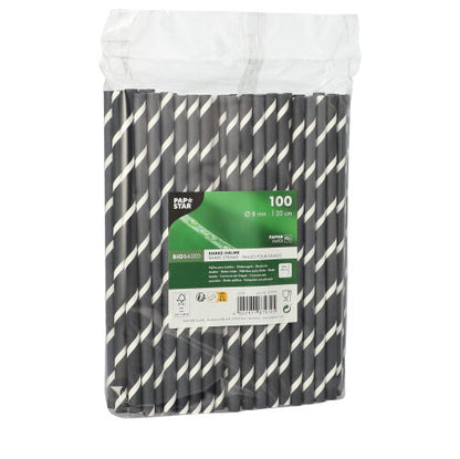 In a transparent plastic packaging are 100 PAPSTAR GmbH shake straws, paper Ø 8 mm in black with white stripes. The label on the front indicates product details and certifications for FSC-certified, sustainable straws.