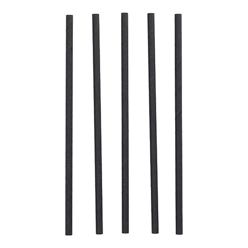 Five black PAPSTAR 100 shake straws made of paper (Ø 8 mm, FSC-certified, sustainable) from PAPSTAR GmbH are of the same size and evenly arranged vertically on a white background.
