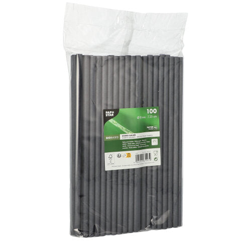 A transparent plastic packaging contains 100 PAPSTAR 8 mm paper shake straws from PAPSTAR GmbH, with a green-white front label with product information and barcode.