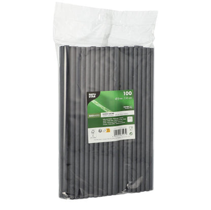 A transparent plastic packaging contains 100 PAPSTAR 8 mm paper shake straws from PAPSTAR GmbH, with a green-white front label with product information and barcode.
