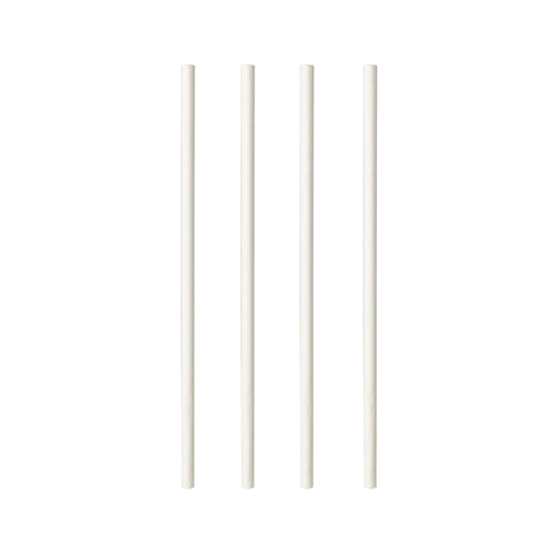 Four white PAPSTAR shake straws paper "pure" (Ø 8 mm, 25 cm) from PAPSTAR GmbH are neatly arranged in a row - sustainable, eco-friendly straws (100 pieces), ideal for any drink.