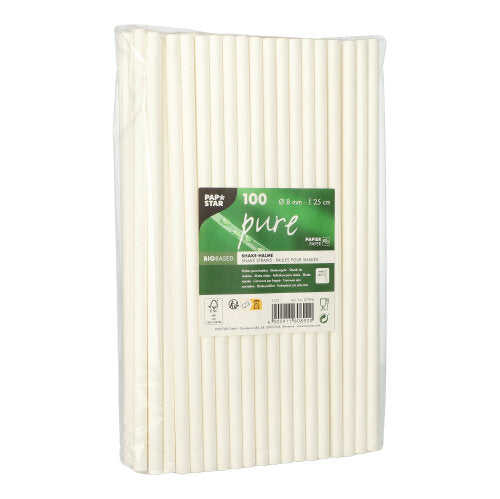 The transparent plastic package with 100 white PAPSTAR shake straws paper "pure" (Ø 8 mm, 25 cm) from PAPSTAR GmbH impresses with an eco-friendly design and a detailed green-white label - perfect sustainable straws for shakes.
