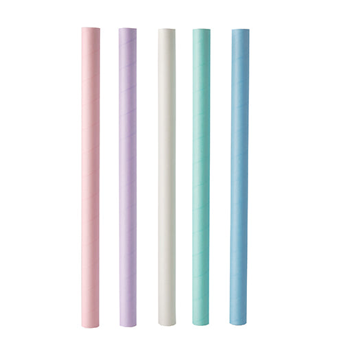 Five PAPSTAR bubble tea paper straws (Ø12mm, 20cm) in pink, lavender, white, mint green, and light blue stand upright in a row against a plain white background. Brand: PAPSTAR GmbH. Package: 200 pieces.