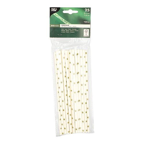 In einer Klarsichtverpackung befinden sich 25 PAPSTAR Papiertrinkhalme (schwarz/weiß „Streifen“, Ø 6 mm, 20 cm) der PAPSTAR GmbH. Das Etikett unterstreicht die Umweltfreundlichkeit und die biologisch abbaubare Beschaffenheit des Materials.