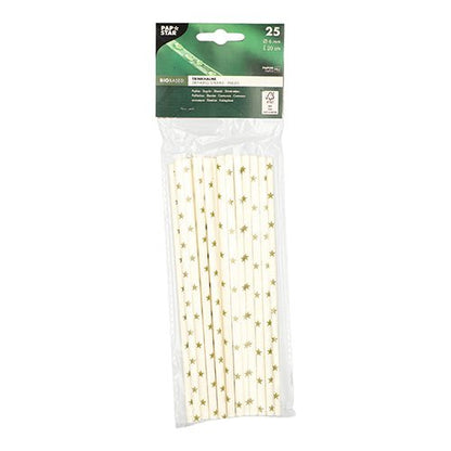 In einer Klarsichtverpackung befinden sich 25 PAPSTAR Papiertrinkhalme (schwarz/weiß „Streifen“, Ø 6 mm, 20 cm) der PAPSTAR GmbH. Das Etikett unterstreicht die Umweltfreundlichkeit und die biologisch abbaubare Beschaffenheit des Materials.