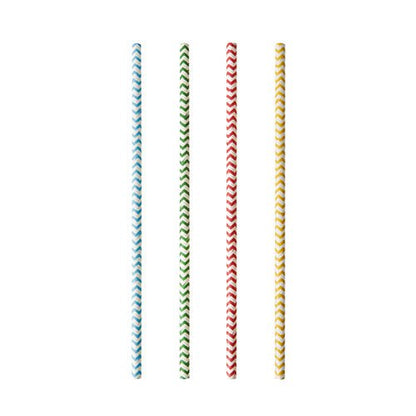 Vier schwarz-weiß gestreifte Papiertrinkhalme PAPSTAR 25 (Ø 6 mm, 20 cm) der PAPSTAR GmbH sind vertikal in einer Reihe auf weißem Untergrund angeordnet.