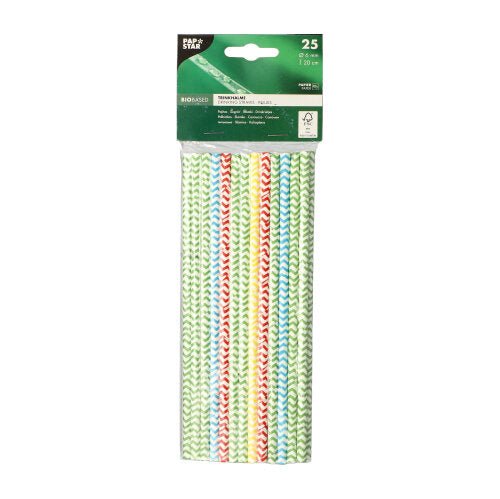 Eine Packung mit 25 PAPSTAR-Papiertrinkhalmen (Ø 6 mm, 20 cm) in schwarz-weißen Streifen, vertikal angeordnet in einer durchsichtigen Kunststoffhülle mit einem grünen Etikett der PAPSTAR GmbH mit Produktdetails.