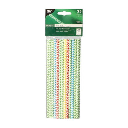 Eine Packung mit 25 PAPSTAR-Papiertrinkhalmen (Ø 6 mm, 20 cm) in schwarz-weißen Streifen, vertikal angeordnet in einer durchsichtigen Kunststoffhülle mit einem grünen Etikett der PAPSTAR GmbH mit Produktdetails.