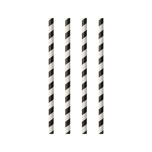 Vier PAPSTAR GmbH Papiertrinkhalme, aus dem Set „25 Trinkhalme, Ø 6 mm · 20 cm schwarz/weiß Streifen“, sind mit Streifenmuster vertikal und gleichmäßig auf weißem Hintergrund angeordnet.