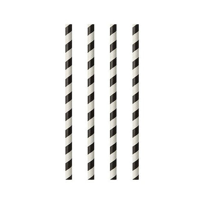 Vier PAPSTAR GmbH Papiertrinkhalme, aus dem Set „25 Trinkhalme, Ø 6 mm · 20 cm schwarz/weiß Streifen“, sind mit Streifenmuster vertikal und gleichmäßig auf weißem Hintergrund angeordnet.