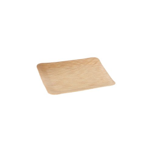 Der PAPSTAR Fingerfood Teller Bambus "pure" eckig 8,5 cm (10 Stück) von PAPSTAR GmbH ist ein rechteckiger, biologisch abbaubarer Bambusteller mit geschwungenen Kanten, abgebildet auf einem schlichten weißen Hintergrund.