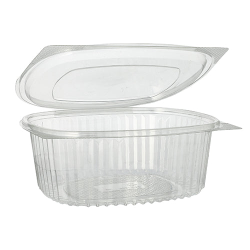 Das Bild zeigt eine geöffnete Starpak 50 Feinkost- und Salatschalen mit Klappdeckel, R-PET glasklar oval – eine transparente, ovale, umweltfreundliche Feinkost- und Salatschale mit vertikalen Rillen der Marke Starpak.