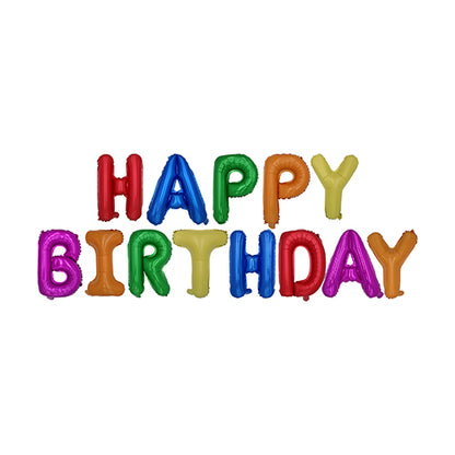 The "Happy Birthday" foil balloon set from PAPSTAR GmbH consists of colorful foil balloons with the "HAPPY BIRTHDAY" lettering in bright colors - ideal for any birthday celebration. Each letter shines in a different color on a white background.