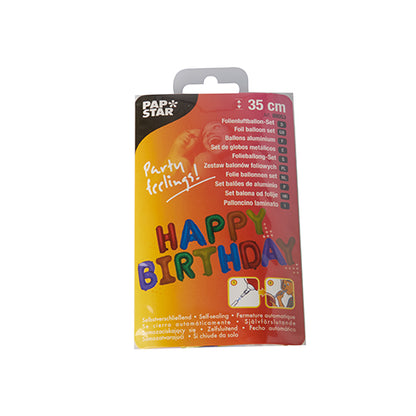 The PAPSTAR foil balloon set "Happy Birthday" from PAPSTAR GmbH consists of a 35 cm large balloon and is delivered in a box with colorful "HAPPY BIRTHDAY" lettering and multilingual product information on a white background - perfect for any birthday party.