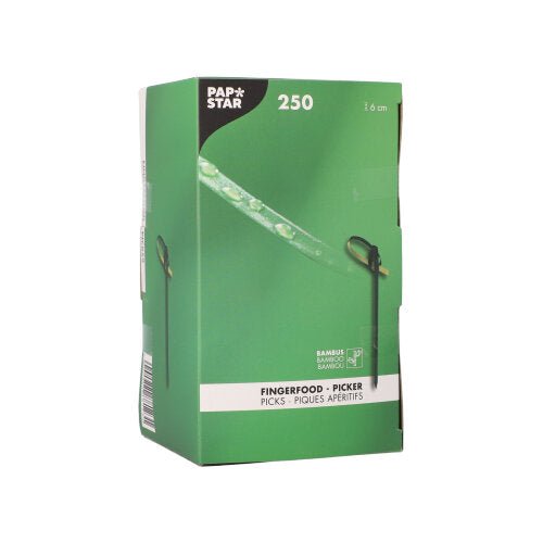 A green box labeled “PAPSTAR "GmbH" contains 250 eco-friendly, biodegradable finger food picks (9 cm each). The PAPSTAR The 250 Finger Food Picker Box features product images and multilingual descriptions, including English and French.