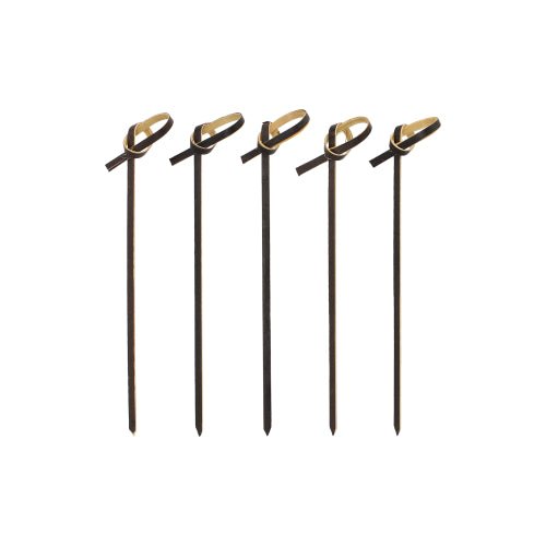 Five brown finger food picks of the type PAPSTAR 250 made of wood from the PAPSTAR GmbH napkins with looped ends are arranged vertically on a white background and offer an eco-friendly and stylish alternative for cocktail parties.