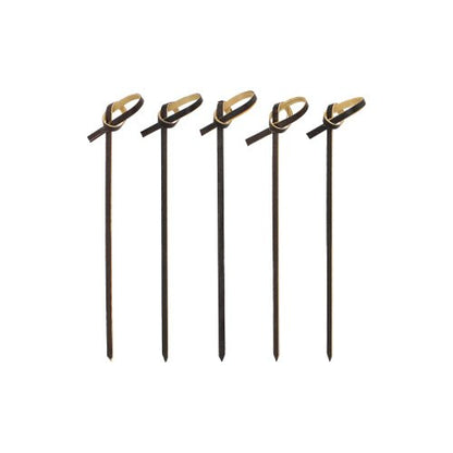 Five brown finger food picks of the type PAPSTAR 250 made of wood from the PAPSTAR GmbH napkins with looped ends are arranged vertically on a white background and offer an eco-friendly and stylish alternative for cocktail parties.