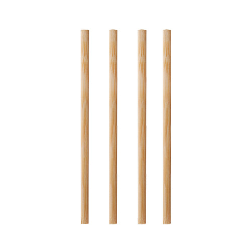 Four PAPSTAR 1000 bamboo stir sticks "pure" from PAPSTAR GmbH stand vertically in a row against a white background - an eco-friendly, biodegradable alternative to conventional stir sticks.