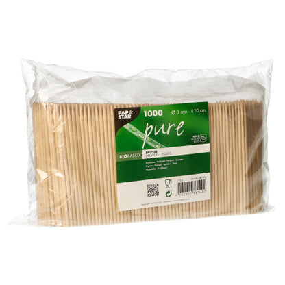 1.000 Stück PAPSTAR Fingerfood-Spieße Holz "pure" (Ø 3 mm, 10 cm) der PAPSTAR GmbH aus klarem Kunststoff mit grün-weißem Etikett, ideal für die Gastronomie.