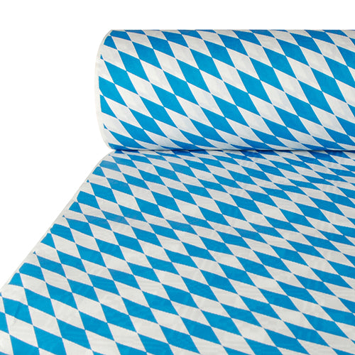 Eine 50m x 1m große Rolle Papiertischtuch mit Damastprägung „Bayrisch Blau“ der PAPSTAR GmbH zeigt beim Abrollen ein sich wiederholendes Muster aus blauen und weißen Rauten in diagonalen Reihen. Lieferung als 1 Rolle pro Karton.