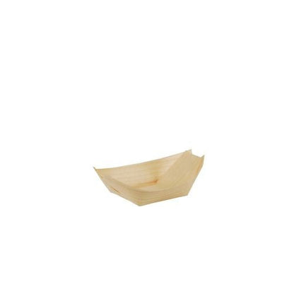 Ein kleines PAPSTAR GmbH Fingerfood Schalen aus Holz "pure" Tablett im Schiffchen-Design (8,5x5,5 cm), 12er-Pack, mit leicht erhöhtem Rand, auf weißem Grund.