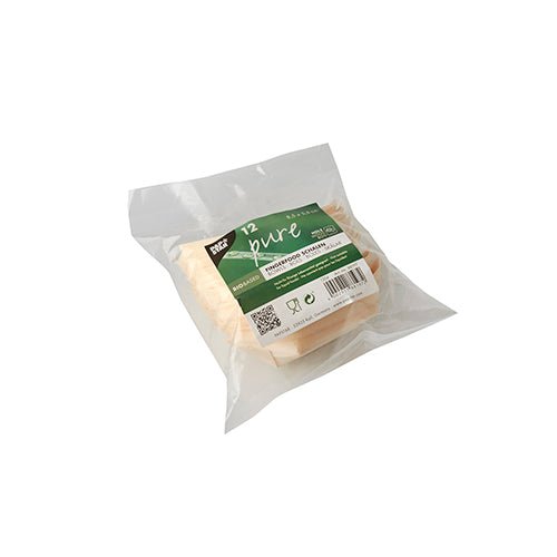 Eine durchsichtige Kunststoffverpackung enthält 12 PAPSTAR Fingerfood Schalen aus Holz "pure" im Schiffchen-Design (8,5x5,5cm) von PAPSTAR GmbH, mit einem grün-weißen Etikett mit Recycling- und Umweltzeichen.