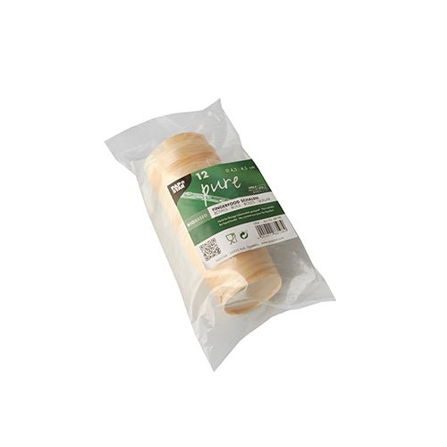 Eine durchsichtige Kunststoffpackung mit 12 PAPSTAR Fingerfood-Schalen aus Holz "pure", rund, Ø 4,5 cm von PAPSTAR GmbH, mit einem grün-weißen Etikett (Text, Barcodes, QR-Code), abgebildet auf einem schlichten weißen Hintergrund.