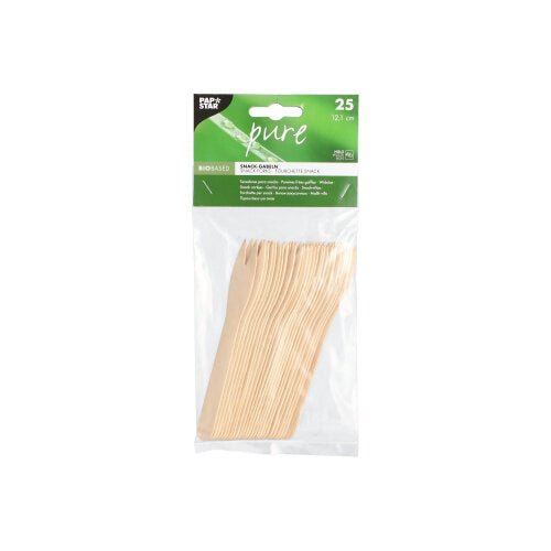 Eine klare Plastiktüte mit grünem Etikett enthält 25 PAPSTAR Snack-Gabeln aus Holz "pure", 12,1 cm. Das Etikett hebt ihre umweltfreundlichen und umweltschonenden Eigenschaften hervor. Marke: PAPSTAR GmbH.