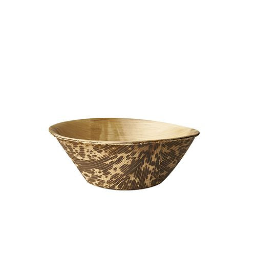 A flat, round PAPSTAR 12 finger food bowl from PAPSTAR GmbH made of natural-colored bamboo with a brown speckled and striped pattern, presented on a white background.