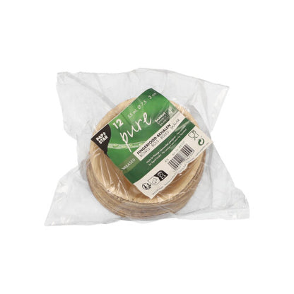 In a clear plastic packaging, there are 12 round "PAPSTAR 12 finger food bowls, bamboo 'pure'" from PAPSTAR GmbH – sustainable, eco-friendly disposable bowls made of bamboo with a green-black label, ideal for any occasion.