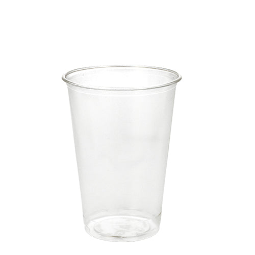 A PAPSTAR cold drink cup PLA "pure", crystal clear, individually packaged (pack of 50 pieces) from PAPSTAR GmbH stands upright against a white background; the biodegradable, transparent cup appears slightly conical.