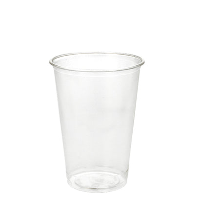 A PAPSTAR cold drink cup PLA "pure", crystal clear, individually packaged (pack of 50 pieces) from PAPSTAR GmbH stands upright against a white background; the biodegradable, transparent cup appears slightly conical.