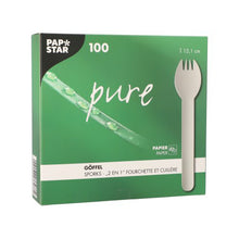 Eine weiße PAPSTAR Pure-Schachtel mit deutscher und französischer Beschriftung enthält 100 umweltfreundliche, stabile Göffel der PAPSTAR GmbH mit einer Länge von je 16 cm. Auf der Schachtel ist ein Göffel abgebildet.