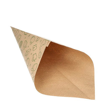 The PAPSTAR 1000 pointed bags, brown kraft paper "Fruits & Vegs" from PAPSTAR GmbH are depicted empty, with light green fruit and vegetable illustrations, photographed against a white background.