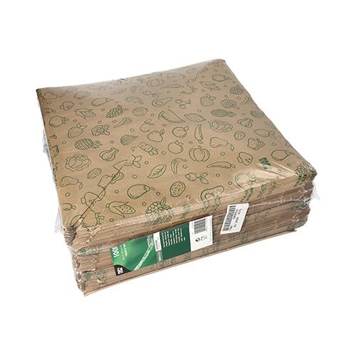 PAPSTAR 1000 pointed bags made of brown kraft paper "Fruits & Vegs" with green food illustrations, in a clear bag with green-white label - ideal for environmentally friendly fruit and vegetable transport.