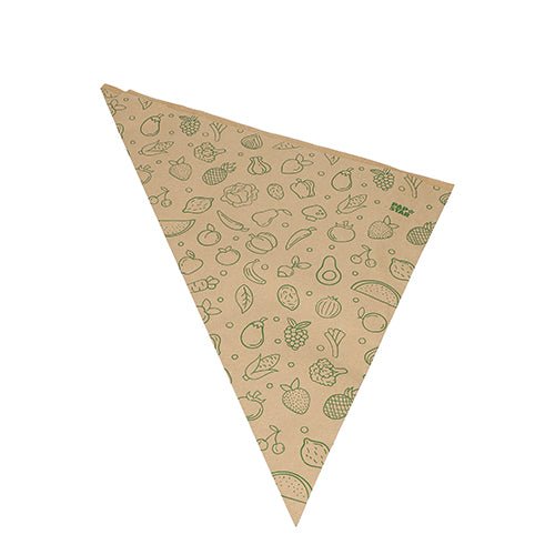A triangular brown kraft paper sheet from the series "1000 pointed bags Fruits & Vegetables" of PAPSTAR GmbH with green line drawings of fruits, vegetables, and leaves on a plain white background.