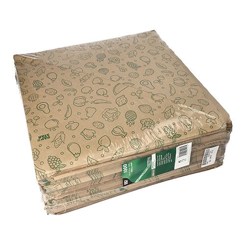 A stack of PAPSTAR 1000 pointed bags, brown kraft paper "Fruits & Vegs" from PAPSTAR GmbH, with green fruit and vegetable illustrations, packed in transparent foil and side green-white label.